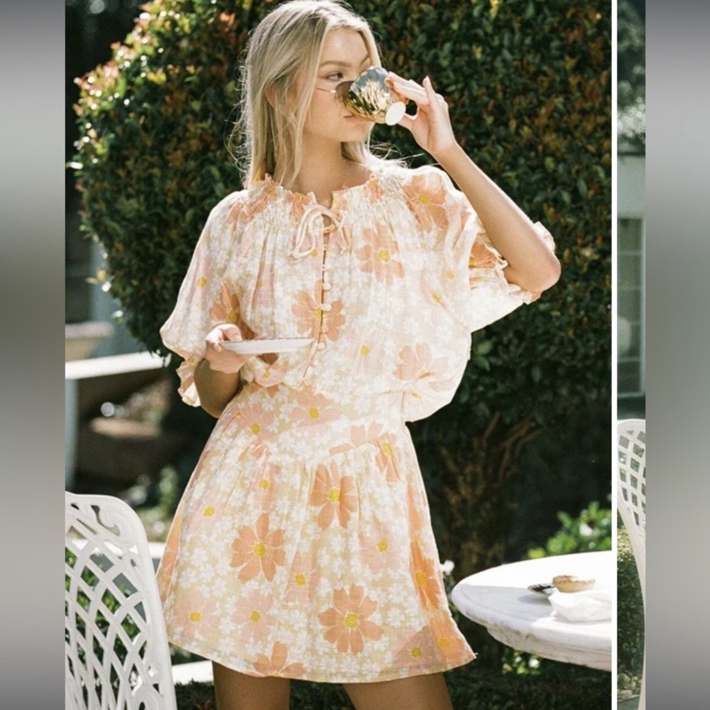 Sabo Skirt Elli Mini Dress in Autumn Floral Orange‎ Yellow Puff Sleeve Button S